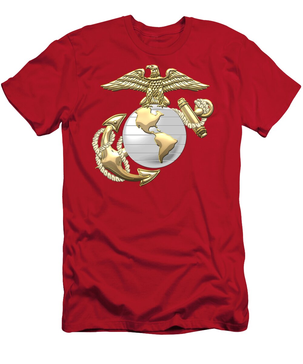 'military Insignia & Heraldry 3d' Collection By Serge Averbukh T-Shirt featuring the digital art U. S. Marine Corps Eagle Globe and Anchor - E G A on Red Leather by Serge Averbukh