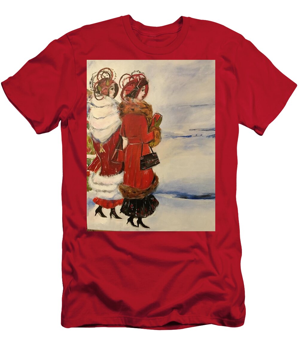 Vintage T-Shirt featuring the mixed media Vintage Winter Women by Denice Palanuk Wilson
