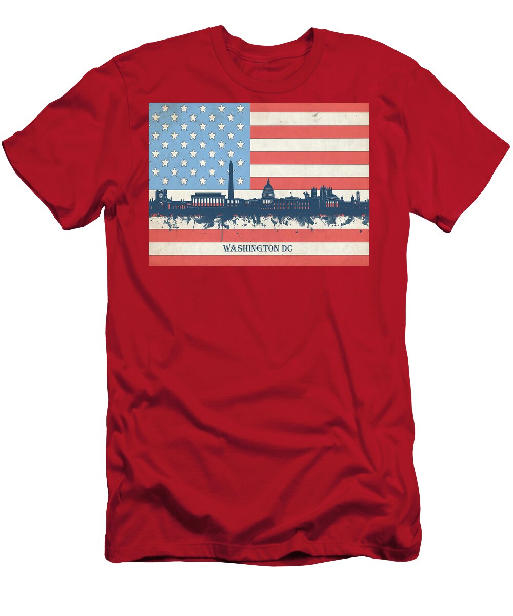 Washington Dc T-Shirt featuring the digital art Washington Dc Skyline Usa Flag 3 by Bekim M