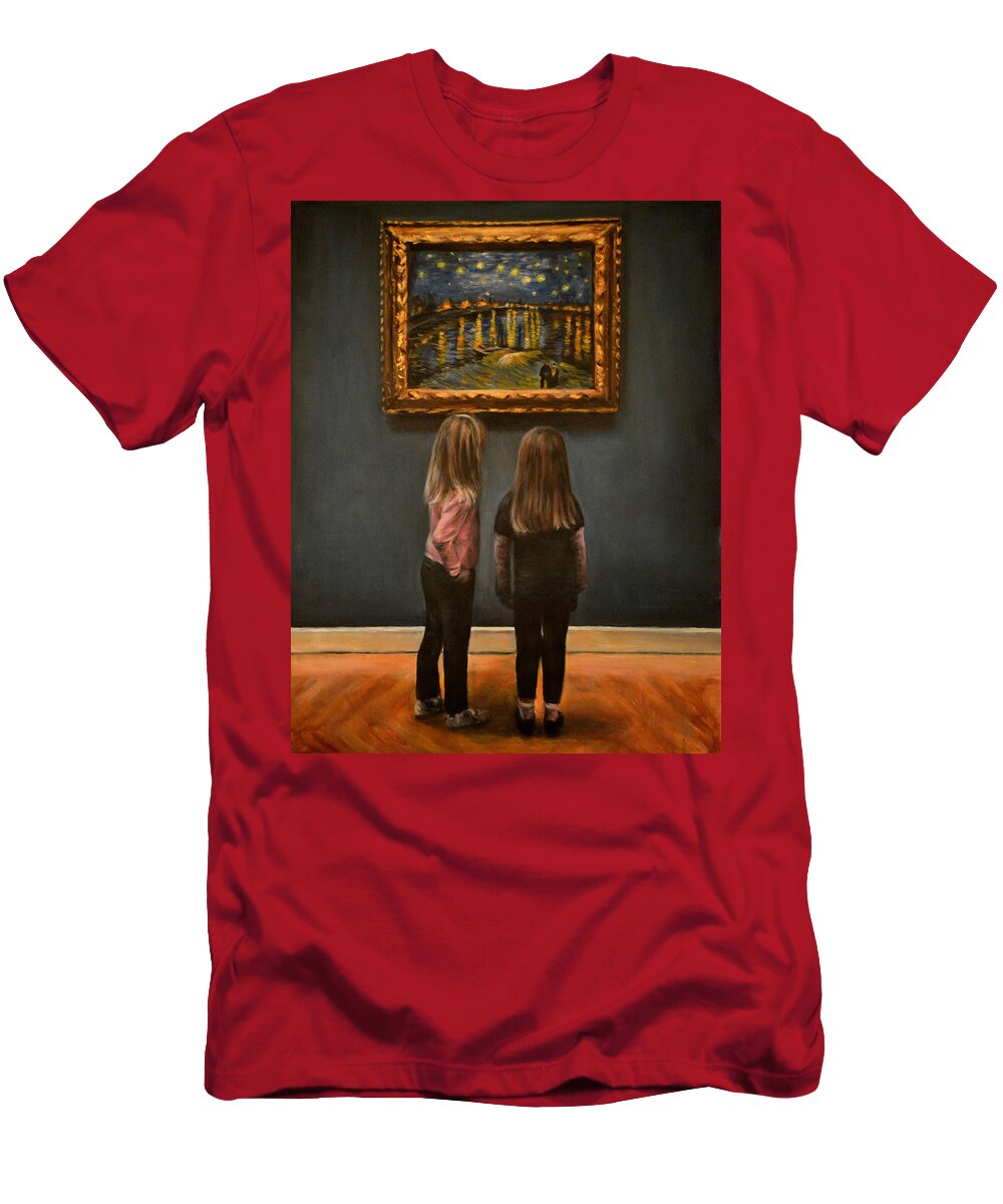 Famous Paintings T-Shirt featuring the painting Watching Van Gogh Starry Night Over The River Rhone by Escha Van den bogerd