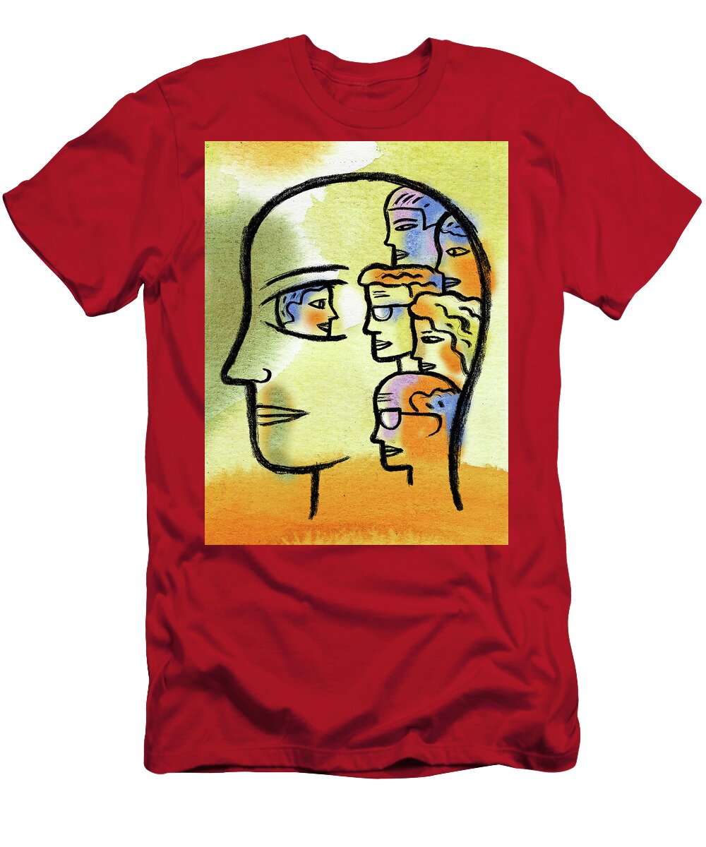  Inside Head People Inside Head Psychotherapy Therapist Therapy Bipolar Analyze Examine Look Mania Mental Disorder Schizophrenia Brain Disorder Mind Hallucinations Hallucinate Voices Profiles Eye Medical Personalities Split Split Personalities Psychotherapy Psychology Medical Colorful T-Shirt featuring the painting WHAT do you think about your freands by Leon Zernitsky