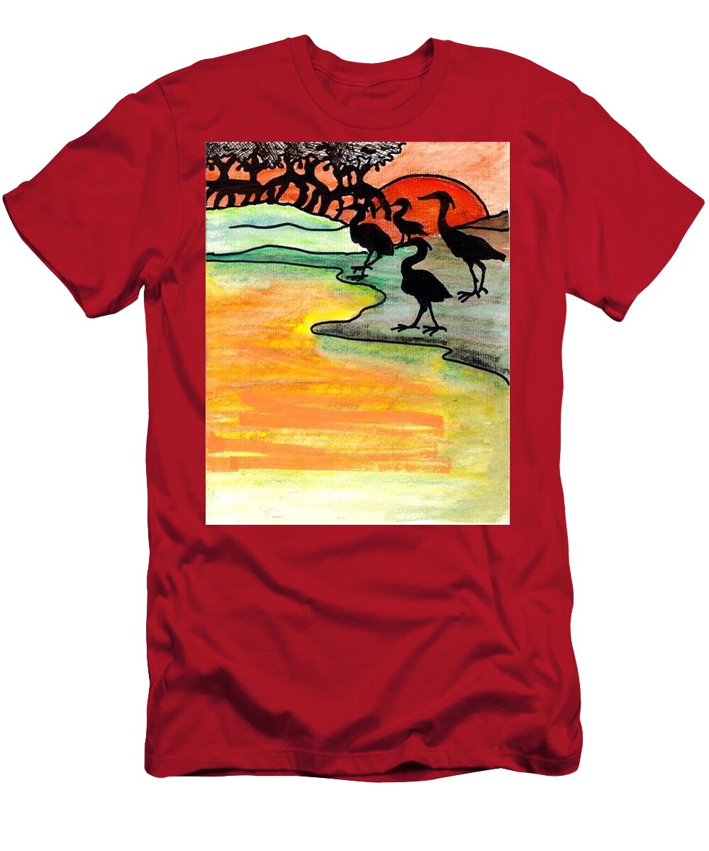 Herons T-Shirt featuring the drawing Where heron feed by Carol Allen Anfinsen