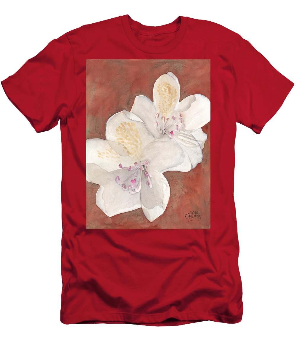 White T-Shirt featuring the painting White Rhododendron by Ken Powers