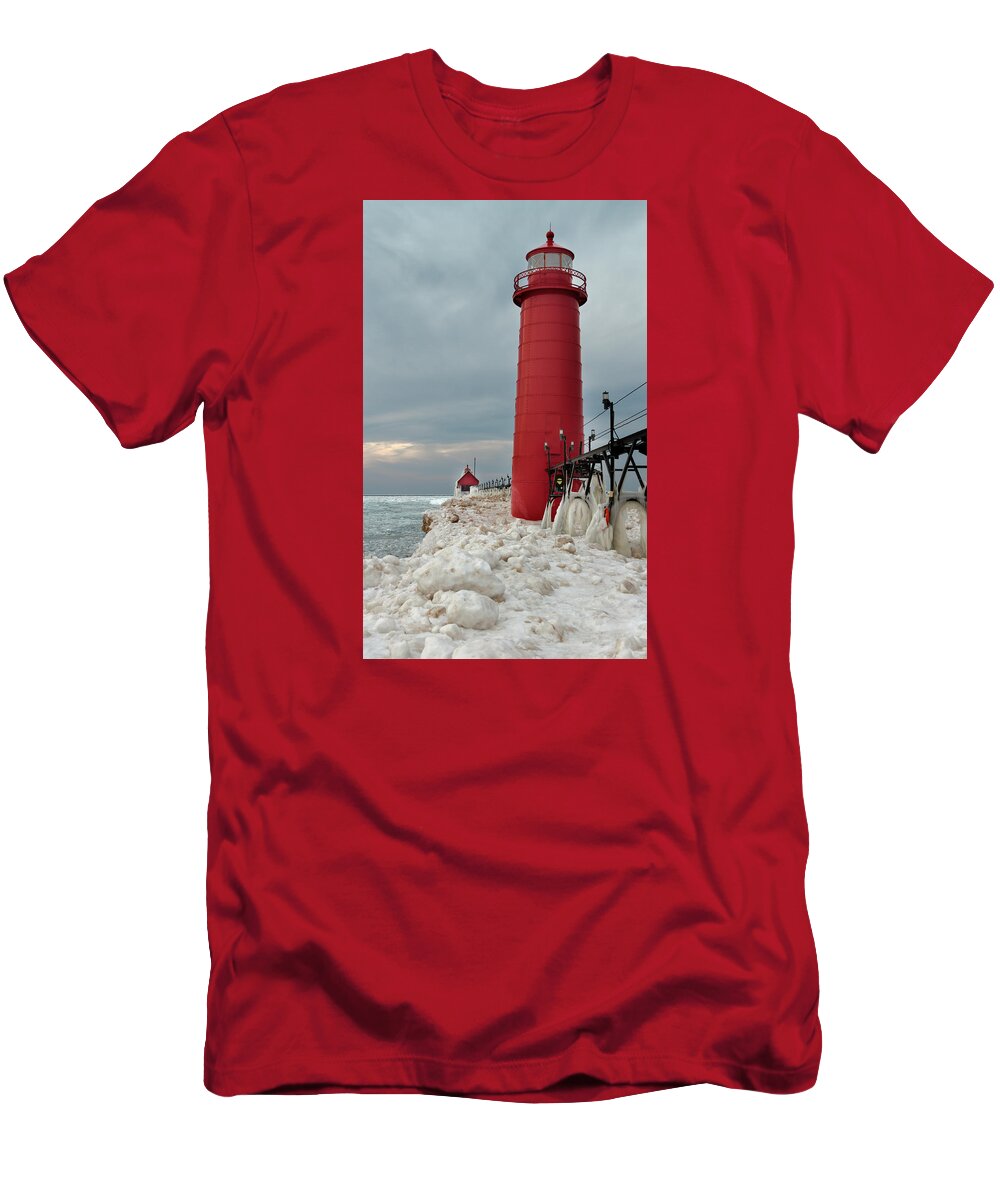 Grand Haven Lighthouse T-Shirt featuring the photograph Winter at Grand Haven Lighthouse by Susan Rissi Tregoning