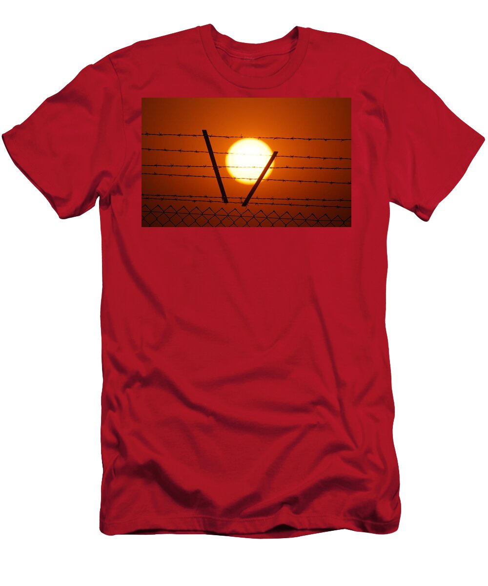 Sun T-Shirt featuring the photograph Wire and sun by Cliff Norton