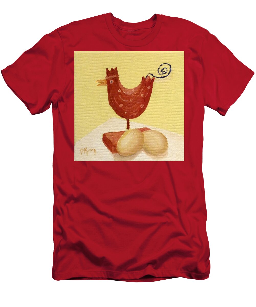 Kitchen T-Shirt featuring the painting Wooden Chicken and 2 Brown Eggs by Peggy King