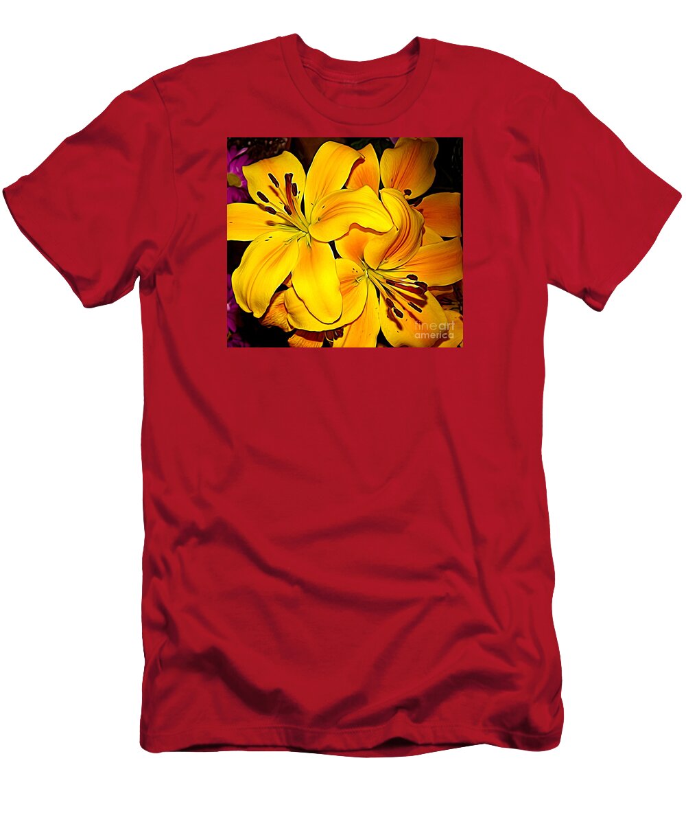 Yellow Orange Asiatic Lilies Expressionist Effect T-Shirt featuring the photograph Yellow Orange Asiatic Lilies Expressionist Effect by Rose Santuci-Sofranko