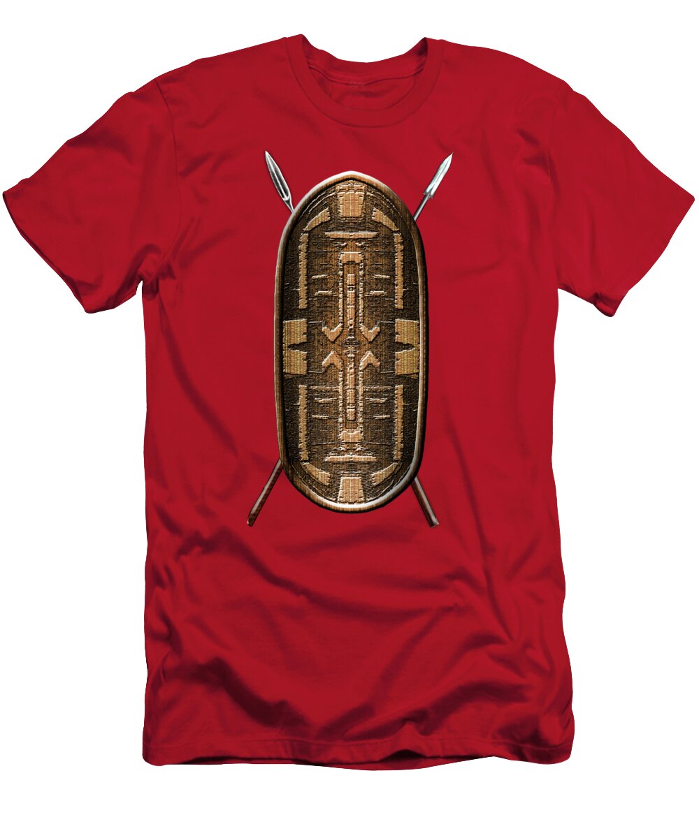 'war Shields' Collection By Serge Averbukh T-Shirt featuring the digital art Zande War Shield with Spears on Red Velvet by Serge Averbukh