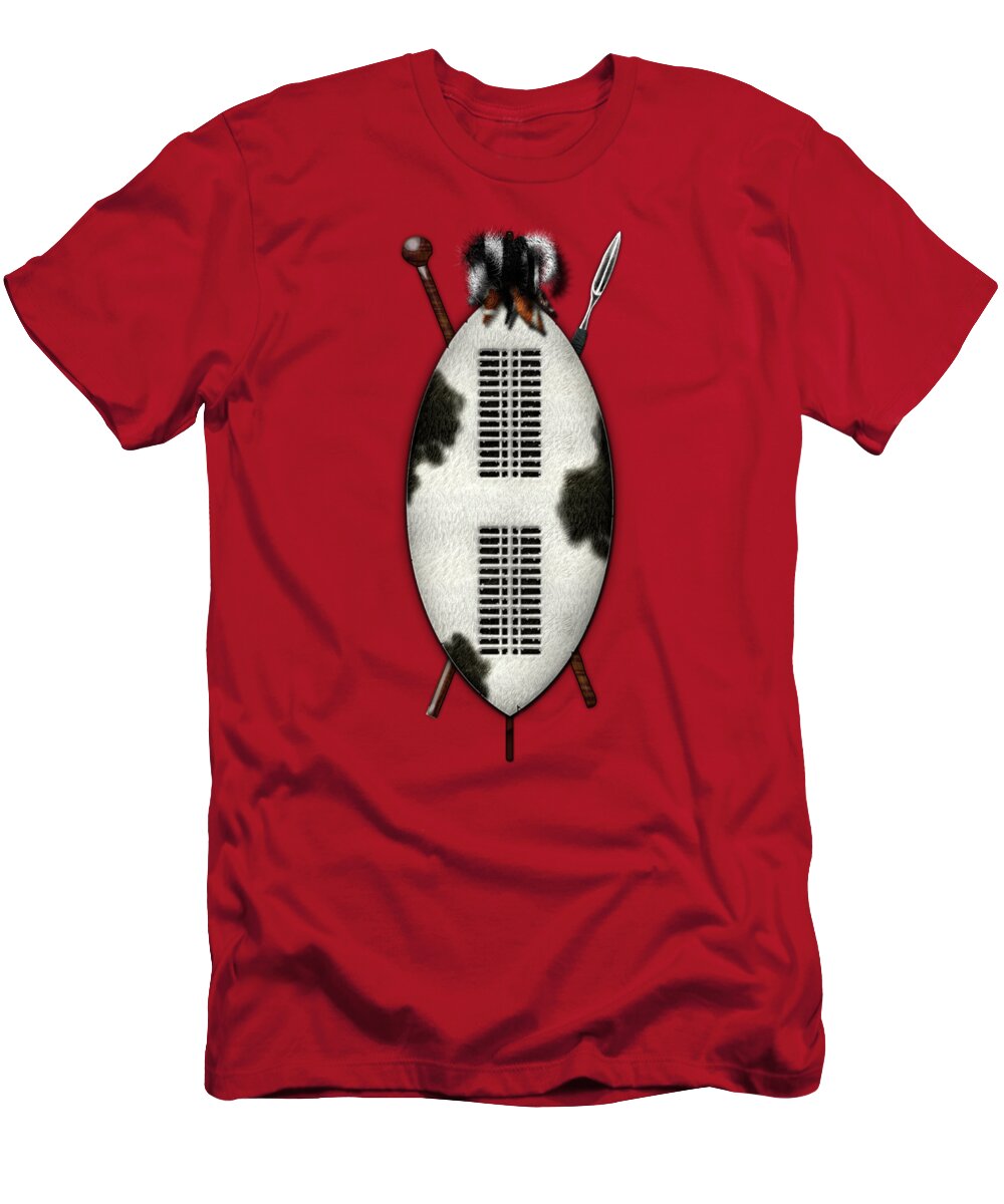 'war Shields' Collection By Serge Averbukh T-Shirt featuring the digital art Zulu War Shield with Spear and Club on Red Velvet by Serge Averbukh