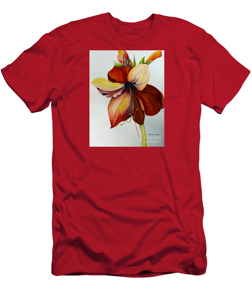 Red T-Shirt featuring the painting Amerylis/Amaryllis by Rachel Lowry