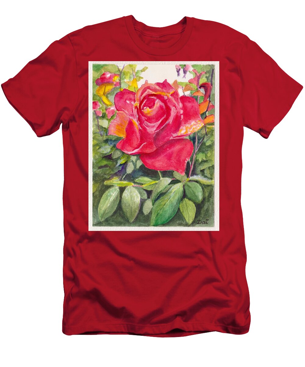 Red Rose T-Shirt featuring the painting Anniversary Rose 2018 by Dai Wynn