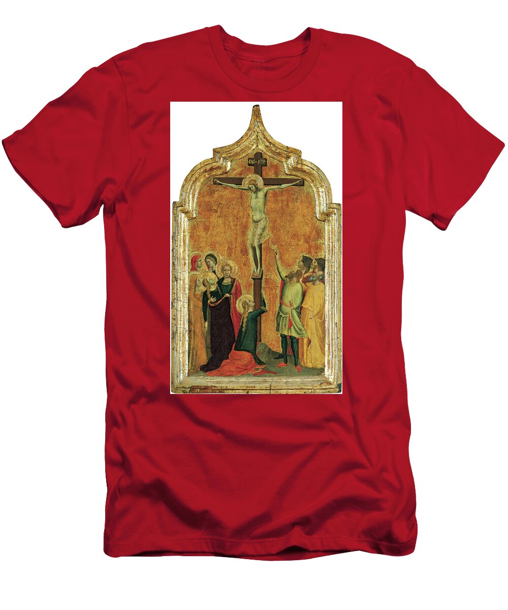 Bernardo Daddi T-Shirt featuring the painting Bernardo Daddi -Florence, active ca .1312- 1348-. The Crucifixion -ca. 1330 - 1335-. Tempera and ... by Bernardo Daddi -c 1280-1348-