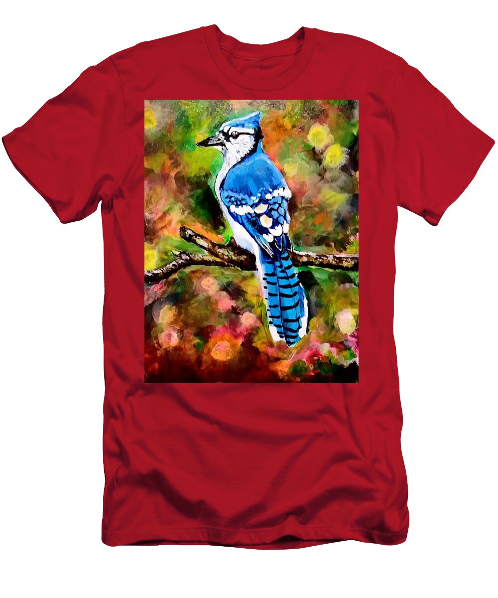 Bird T-Shirt featuring the painting Blue Jay by Mike Benton