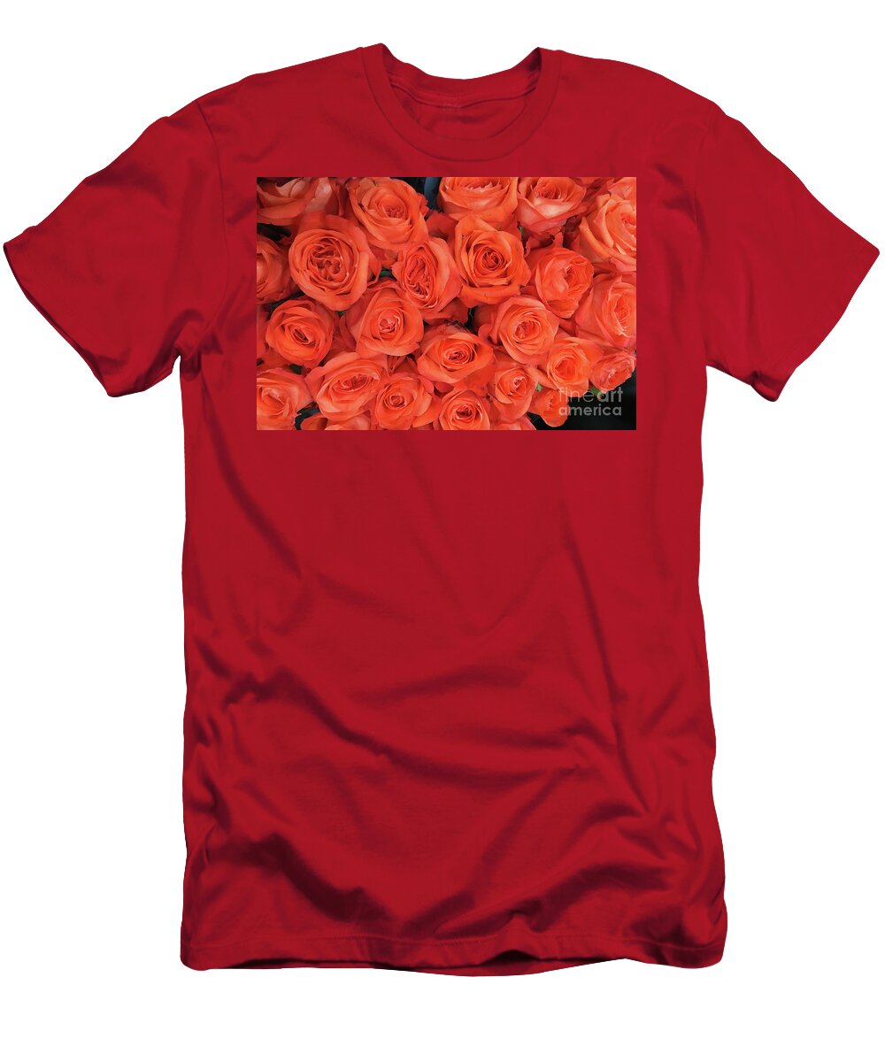 Bouquet Of The Living Coral Roses By Marina Usmanskaya T-Shirt featuring the photograph Bouquet of the living coral roses by Marina Usmanskaya
