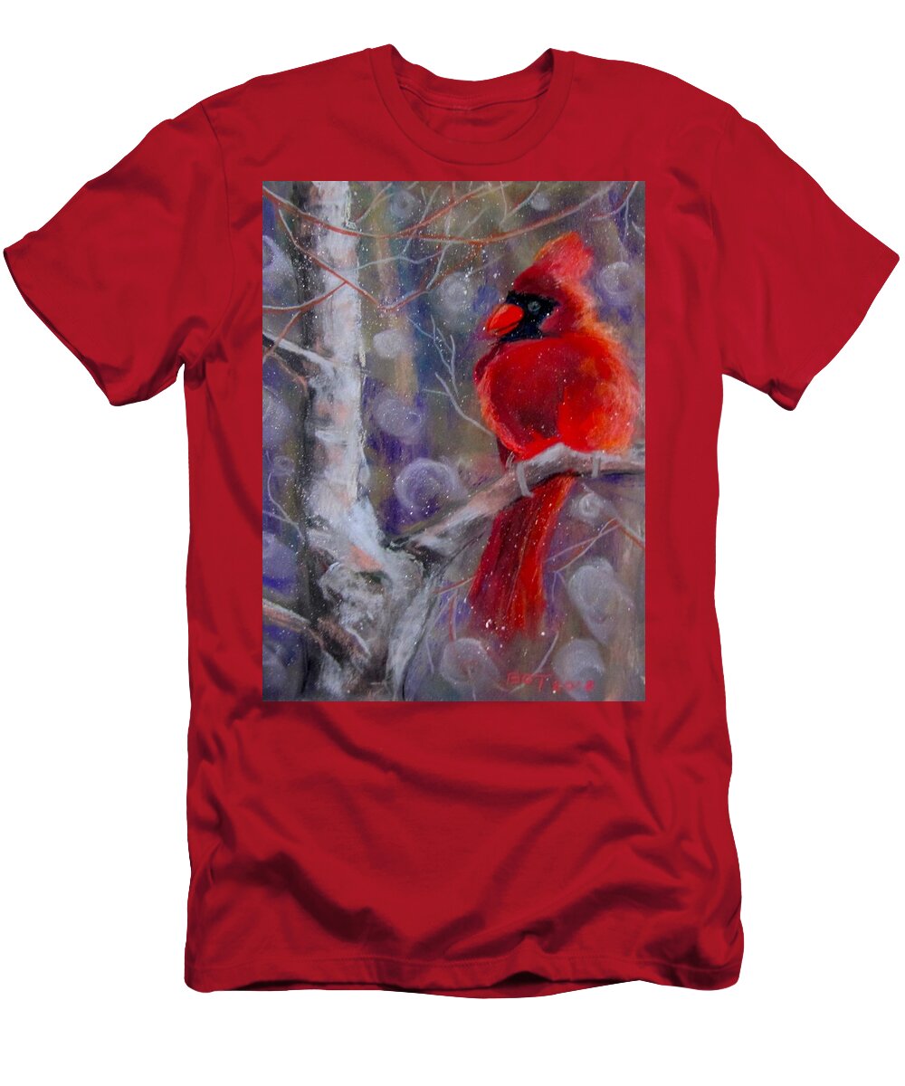 Bird T-Shirt featuring the pastel Cardinal in the snow by Barbara O'Toole