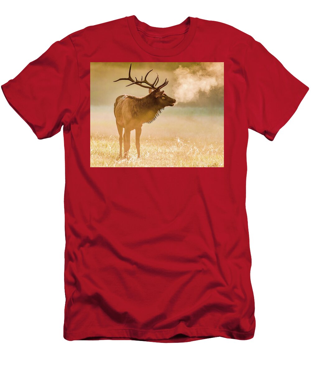 Elk T-Shirt featuring the photograph Frosty Bugle Breath by Marcy Wielfaert