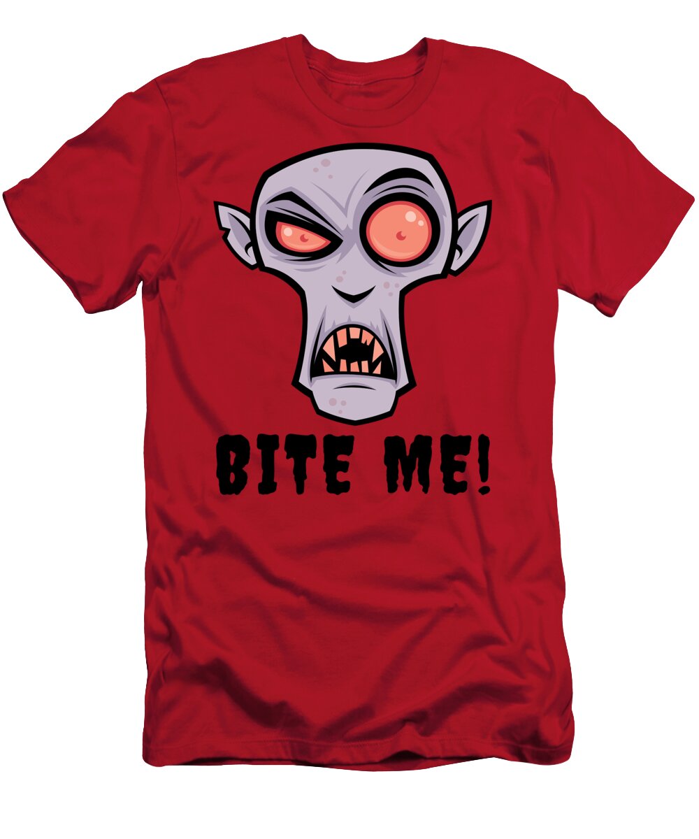 Cartoon T-Shirt featuring the digital art Creepy Vampire Cartoon with Bite Me Text by John Schwegel
