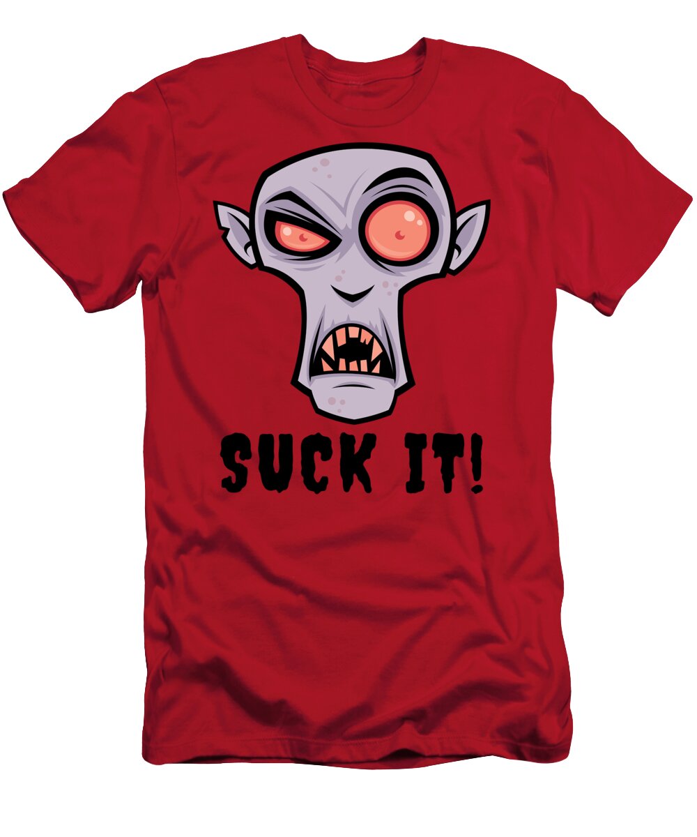 Cartoon T-Shirt featuring the digital art Creepy Vampire Cartoon with Suck It Text by John Schwegel