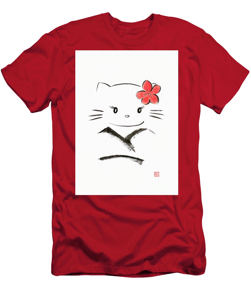 Happily giggling Hello kitty with a red bow, Japanese kawaii cartoon  character inspired sumi-e illus Kids T-Shirt by Awen Fine Art Prints - Fine  Art America