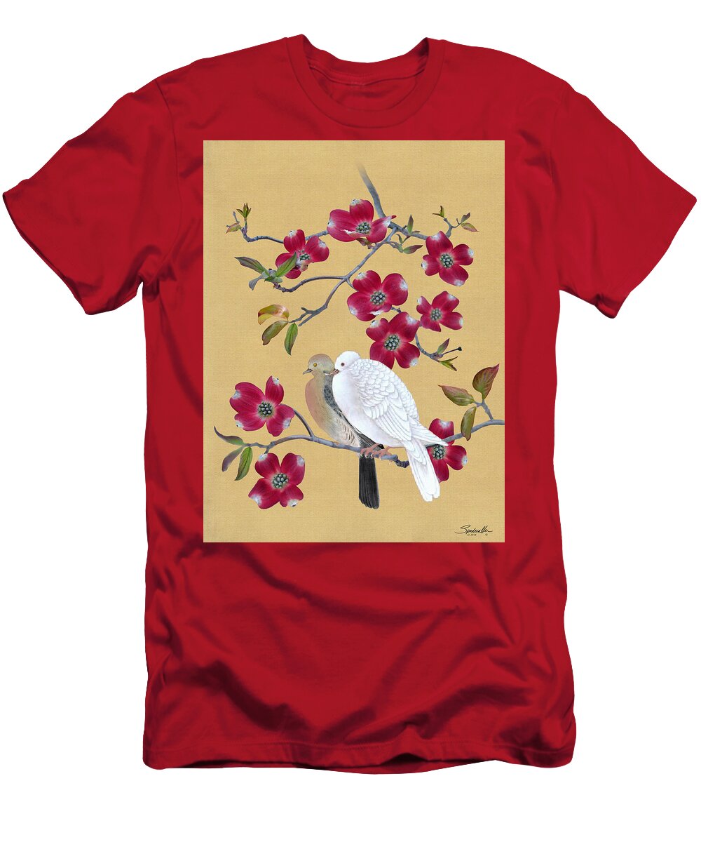 Doves T-Shirt featuring the digital art Doves In Red Dogwood Tree by M Spadecaller