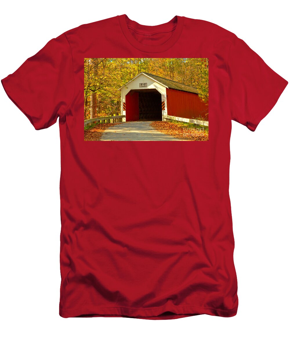 Eagleville Covered Bridge T-Shirt featuring the photograph Fall Foliage At The Eagleville Covered Bridge by Adam Jewell