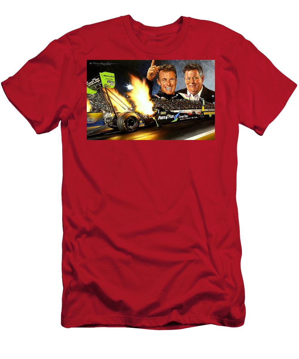 Nhra Drag Racing Top Fuel Clay Millican Doug Stringer T-Shirt featuring the painting Fast Clip by Kenny Youngblood