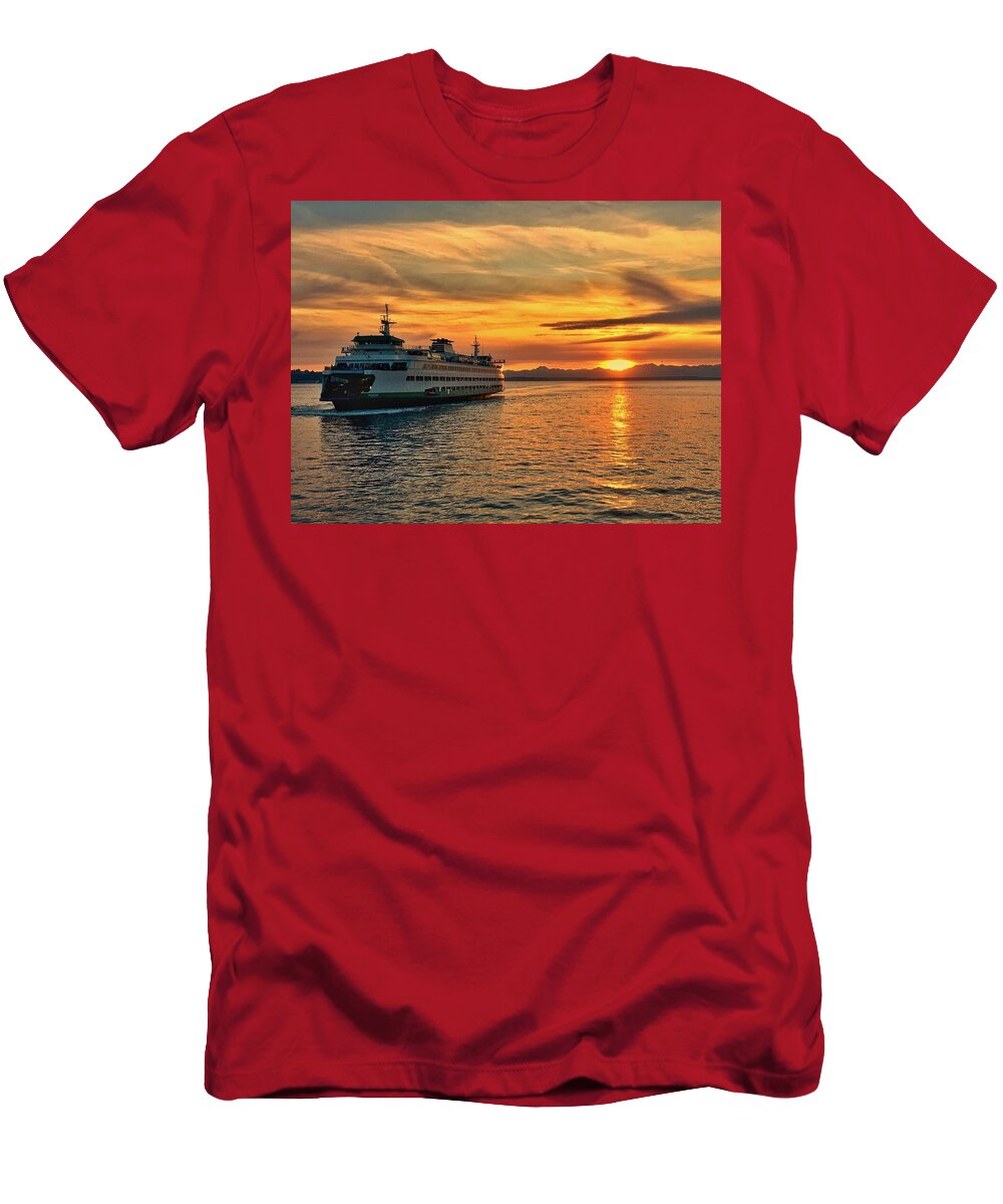 Ferry T-Shirt featuring the photograph Ferry at Sunset by Jerry Abbott