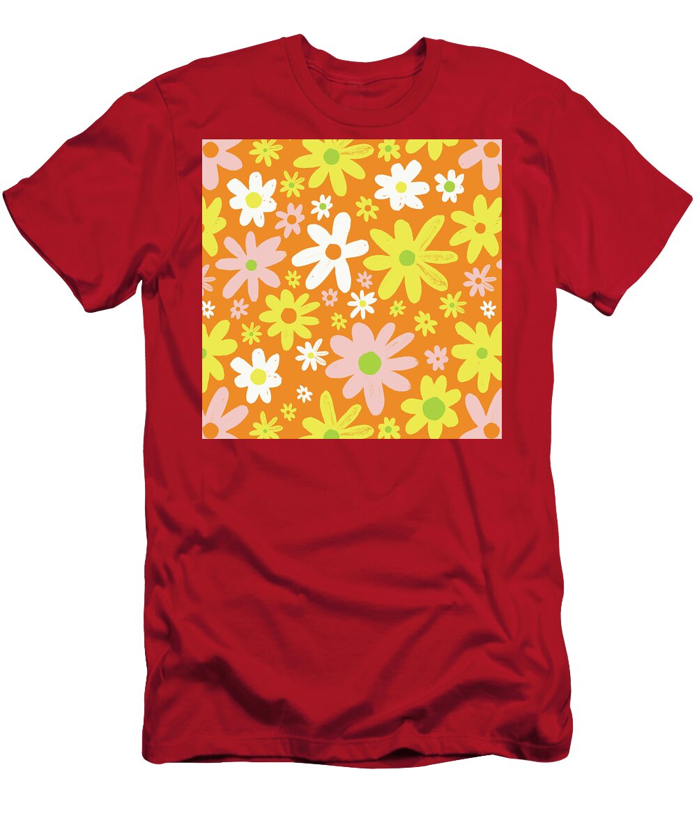 Orange T-Shirt featuring the painting Flower Power Pattern by Jen Montgomery