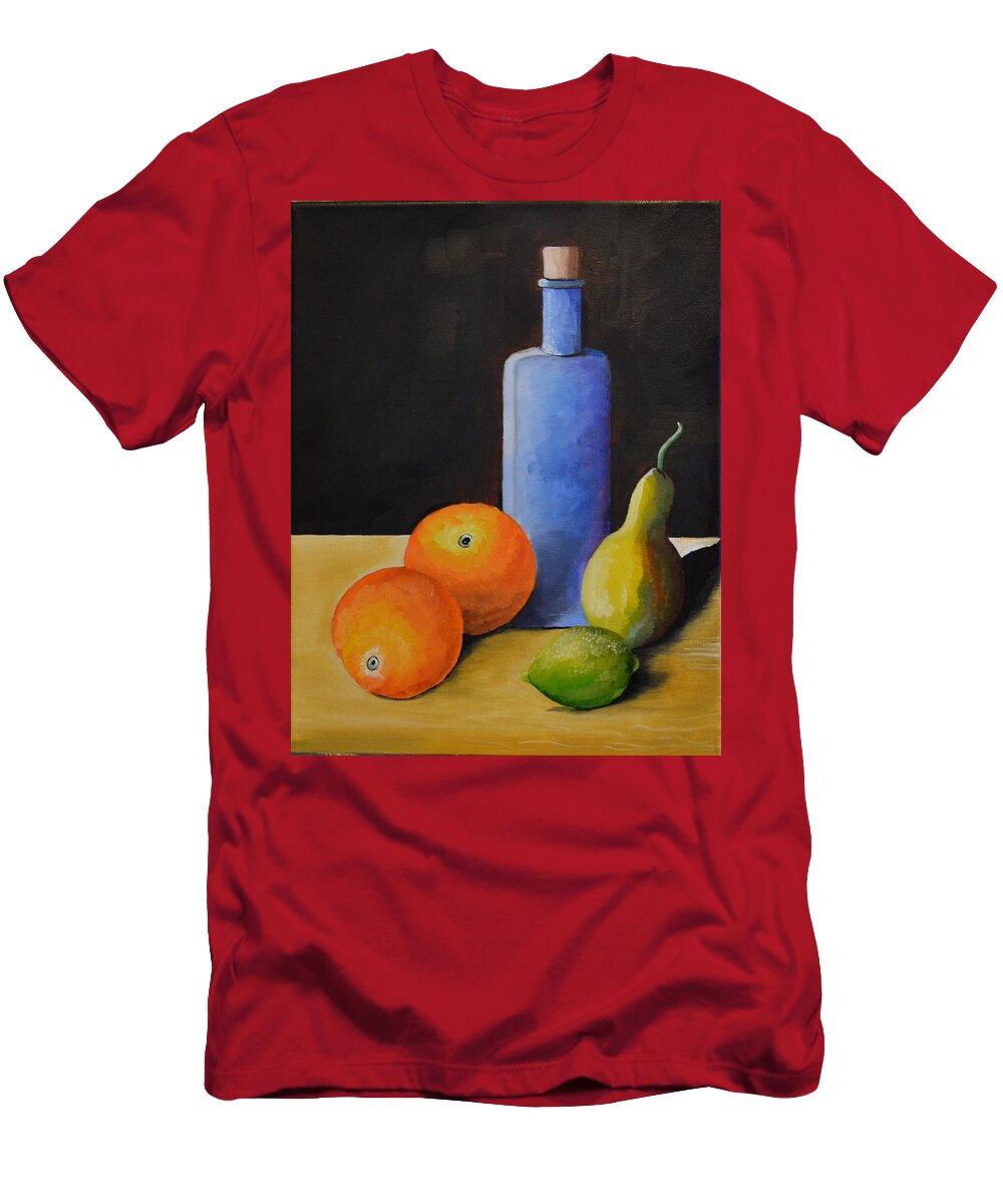 This Is An Oil Painting Of Oranges T-Shirt featuring the painting Fruit and Bottle by Martin Schmidt