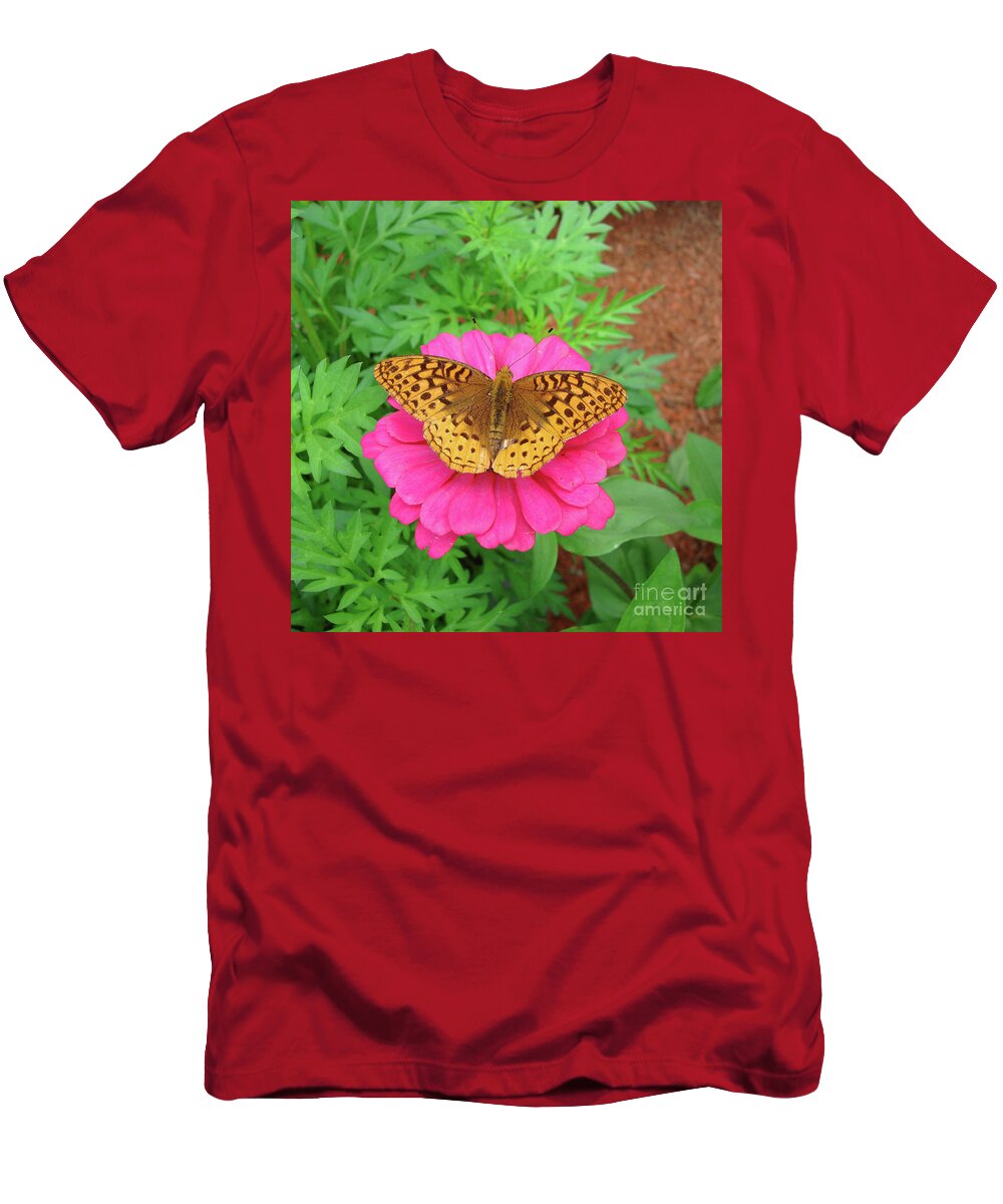 Great Spangled Fritillary T-Shirt featuring the photograph Great Spangled Fritillary and Zinnia 3 by Amy E Fraser