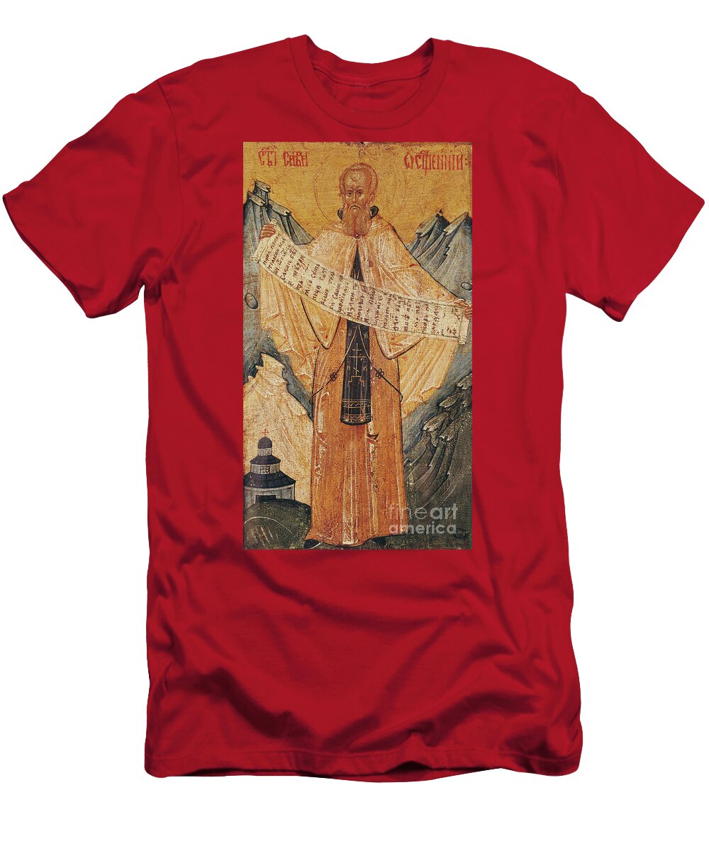 Saint T-Shirt featuring the painting Icon Of St. Sabas Of Jerusalem, 1572 by Longin