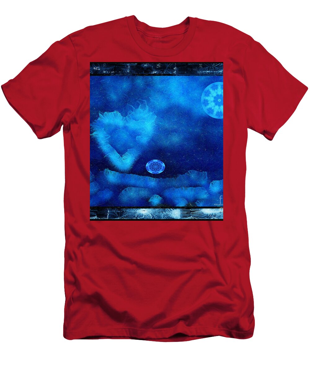 Moon T-Shirt featuring the digital art Kaleidoscope Moon for Children Gone Too Soon Number 4 - Cerulean Valentine by Aberjhani