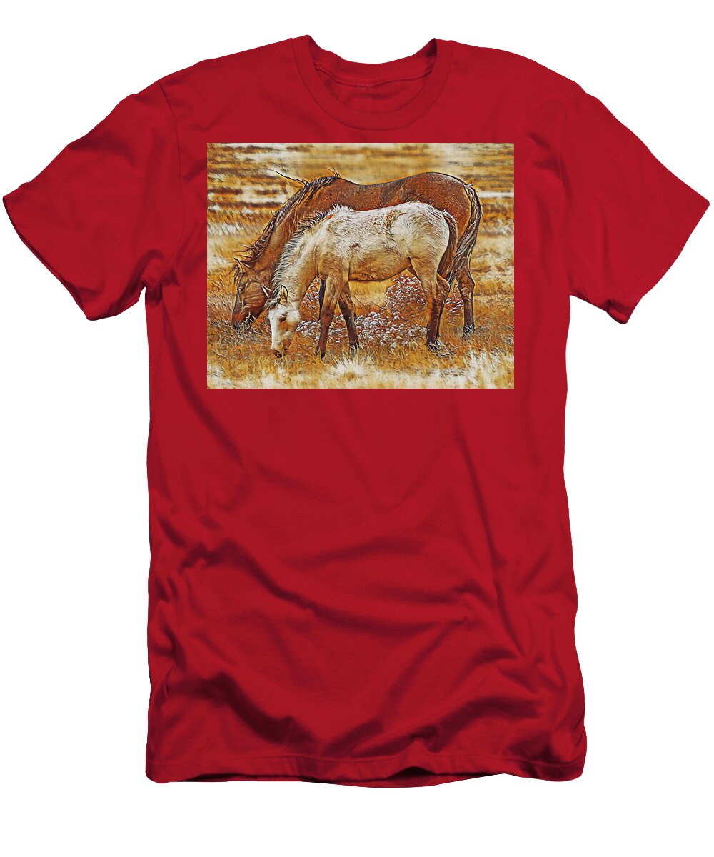 Stallions T-Shirt featuring the digital art Mother and Child by Jerry Cahill