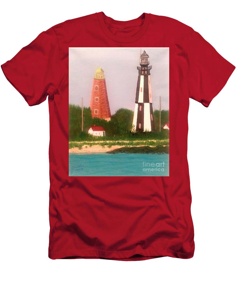 Original T-Shirt featuring the painting Old and New Cape Henry Lighthouses, Virginia by Elizabeth Mauldin