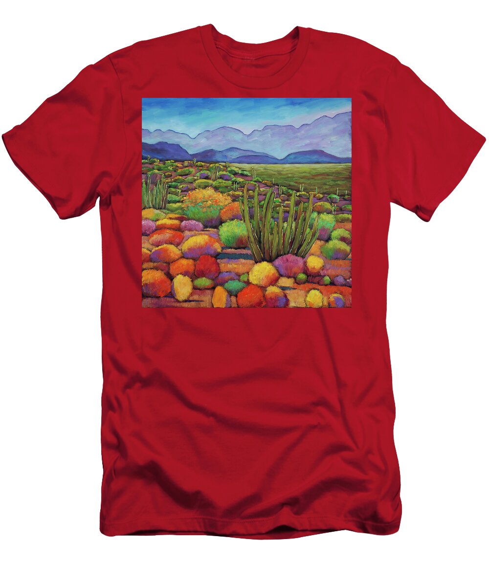 Desert Landscape Sonoran Desert Organ Pipe Organ Pipe National Monument Organ Pipe Cactus Southwest Art Contemporary Southwest Cactus Tucson Arizona Cactus Art Saguaro Organ Pipe National Park Blues Flowers Yellows Contemporary Art Johnathan Harris Expressive Colorful Contemporary Jonathan Harris Expressive Vivid Vibrant Color Desert Wildflowers Tucson Phoenix Reds Yellows Blue Mountains Desert Wildflowers Vivid Colorful Art Southwest Desert Art Jonathon Harris T-Shirt featuring the painting Organ Pipe by Johnathan Harris