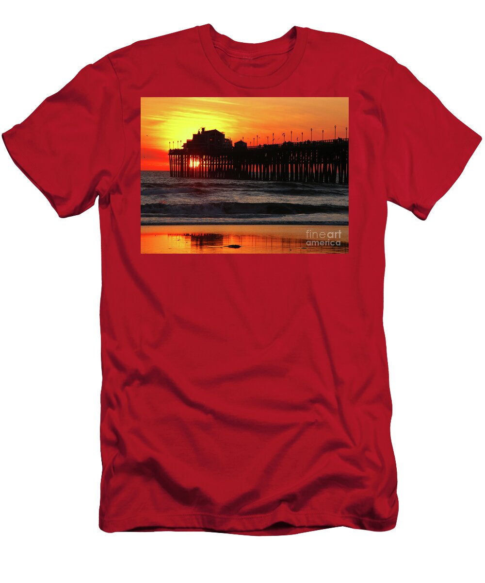 Pacific Ocean T-Shirt featuring the photograph Pier at Sunset by Terri Brewster