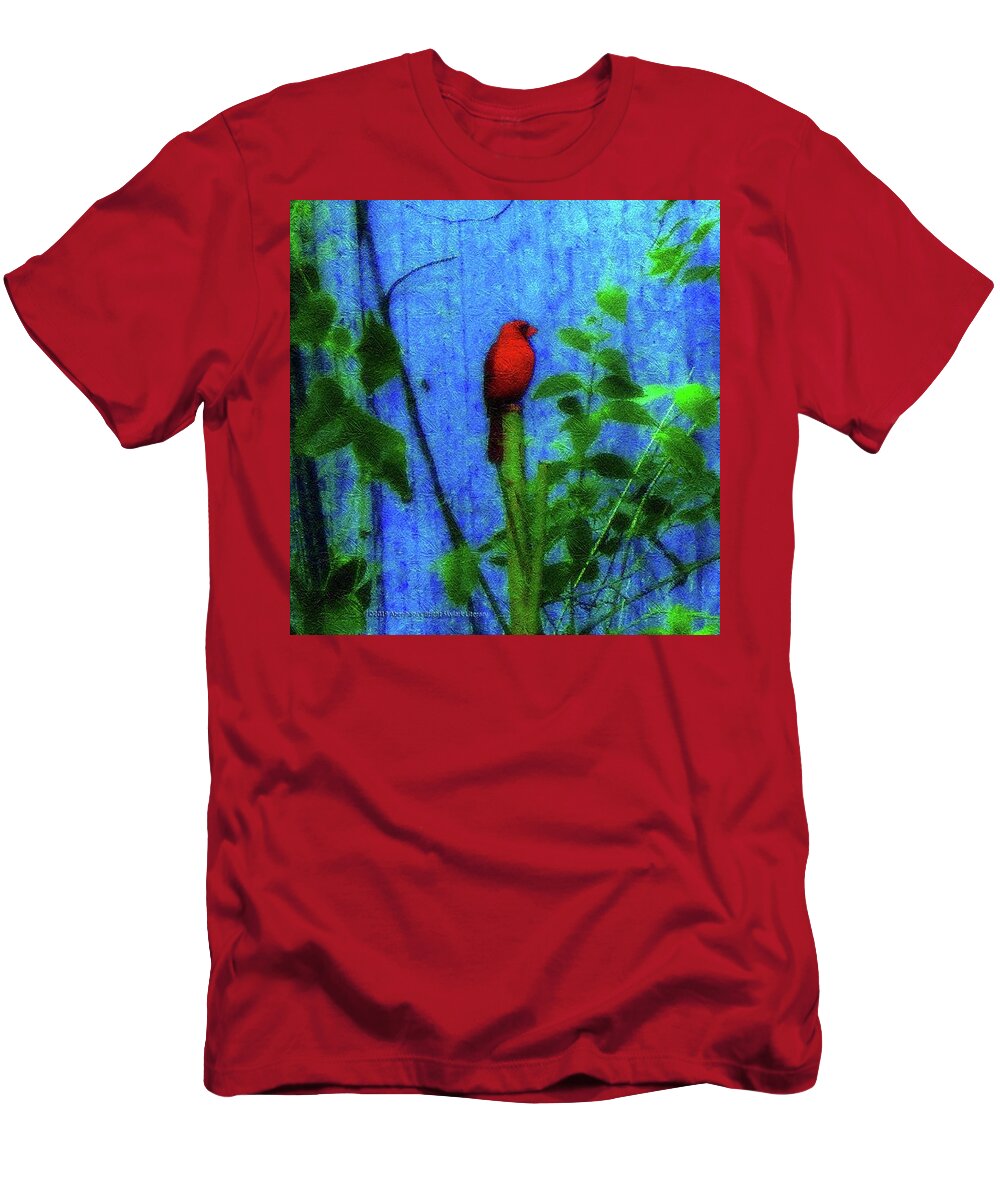 Earth Day T-Shirt featuring the photograph Redbird Enjoying the Clarity of a Blue and Green Moment by Aberjhani