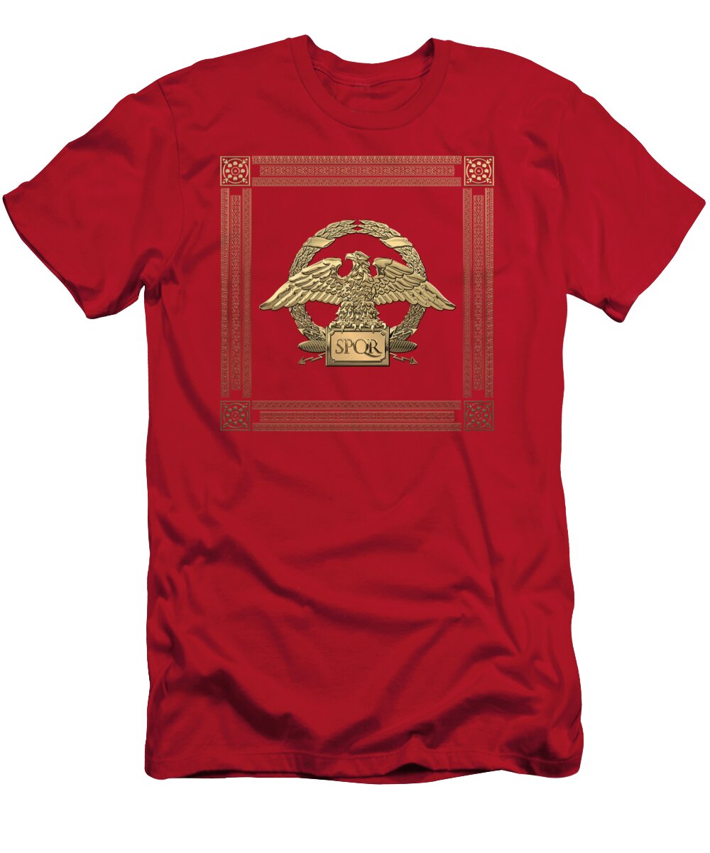 ‘treasures Of Rome’ Collection By Serge Averbukh T-Shirt featuring the digital art Roman Empire - Gold Roman Imperial Eagle over Red Velvet by Serge Averbukh
