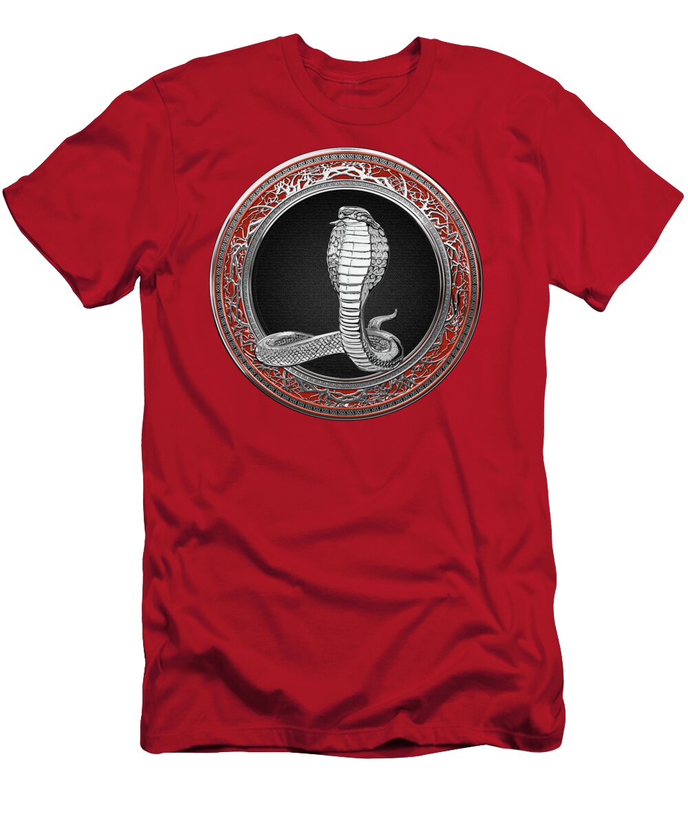 'beasts Creatures And Critters' Collection By Serge Averbukh T-Shirt featuring the digital art Sacred Silver King Cobra on Red Canvas by Serge Averbukh