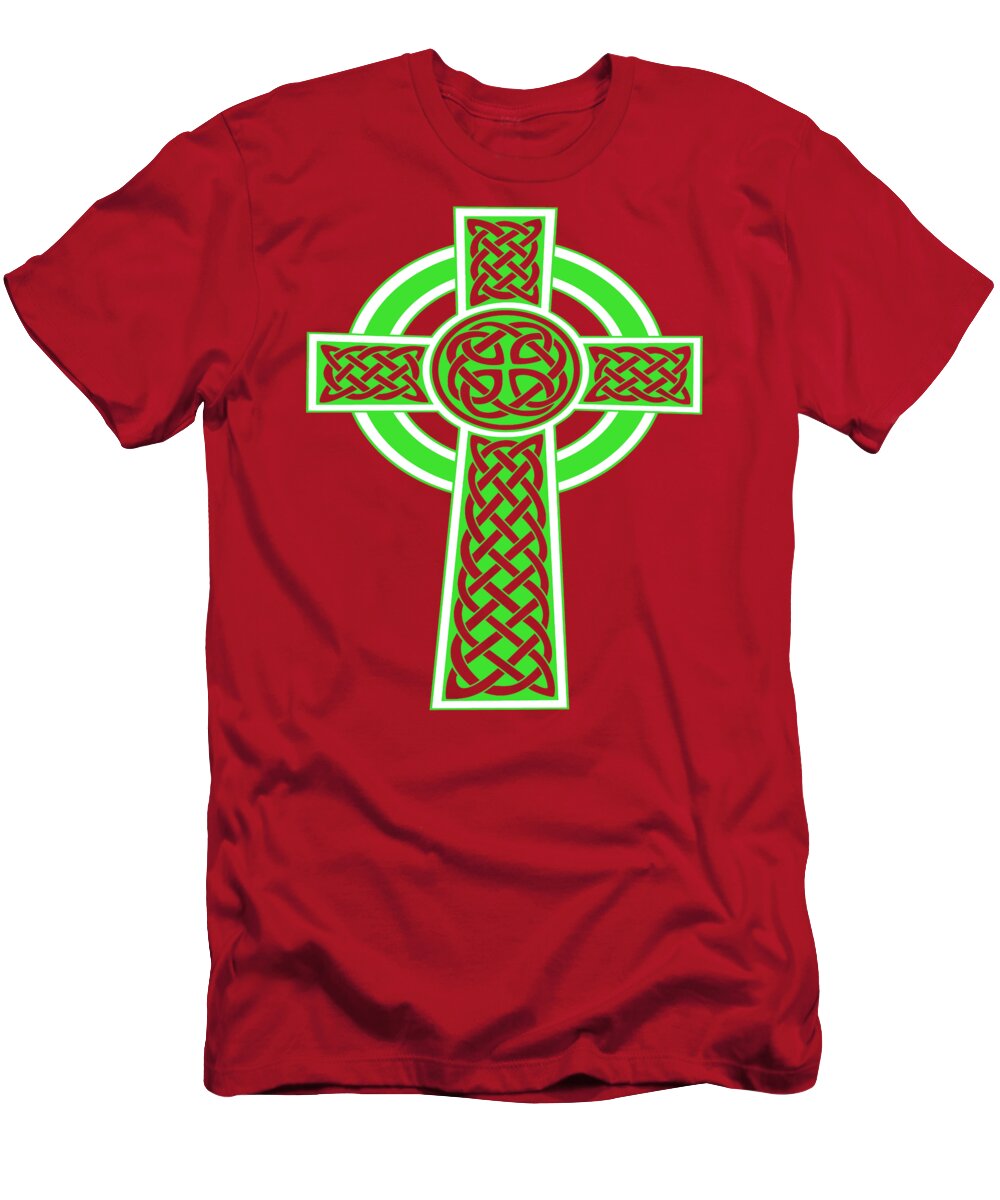 Celtic Cross T-Shirt featuring the digital art St Patrick's Day Celtic Cross Green and White by Taiche Acrylic Art