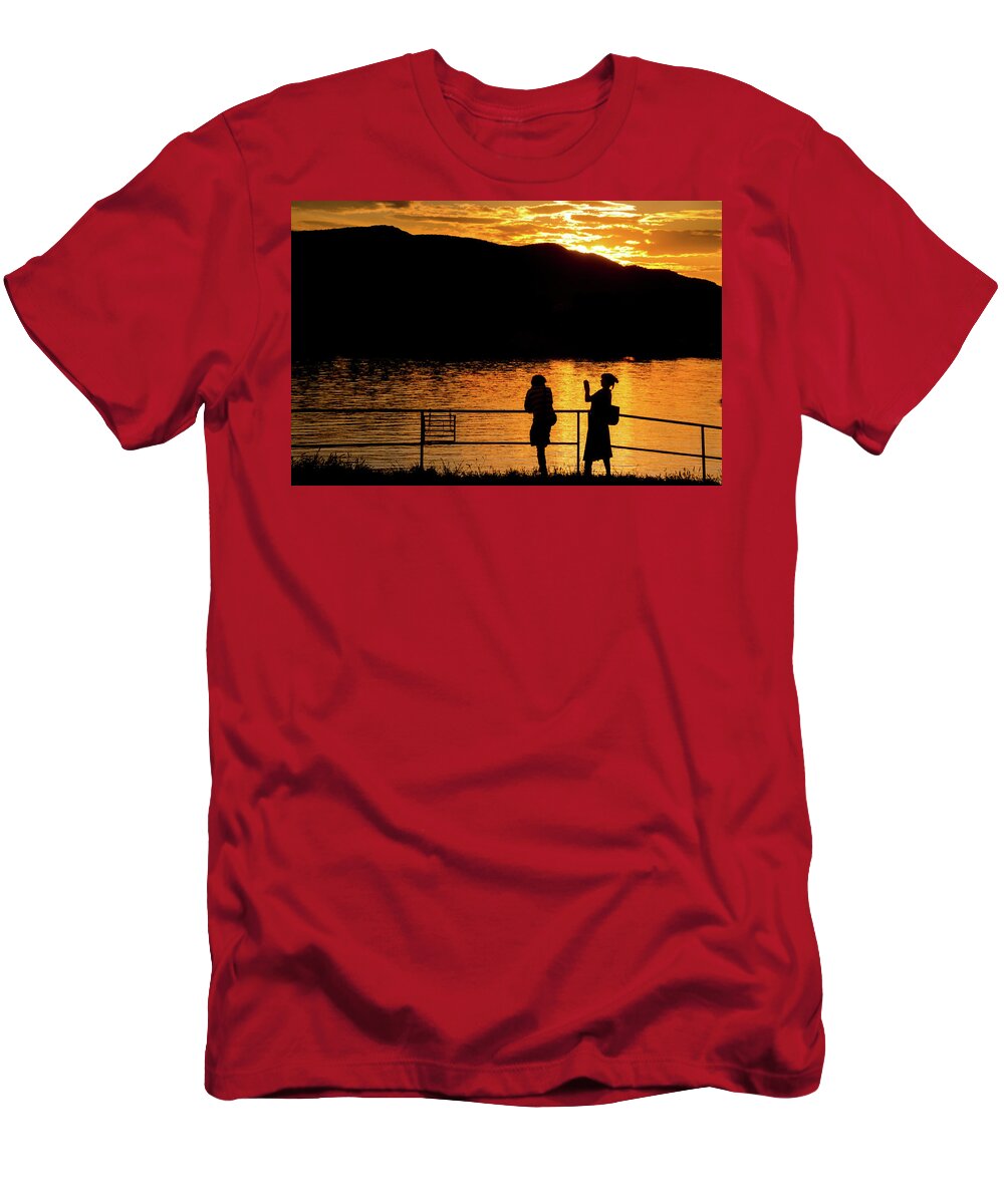 Sunset Along The Danube River Just North Of Budapest. T-Shirt featuring the photograph Sunset Selfie by Tito Slack