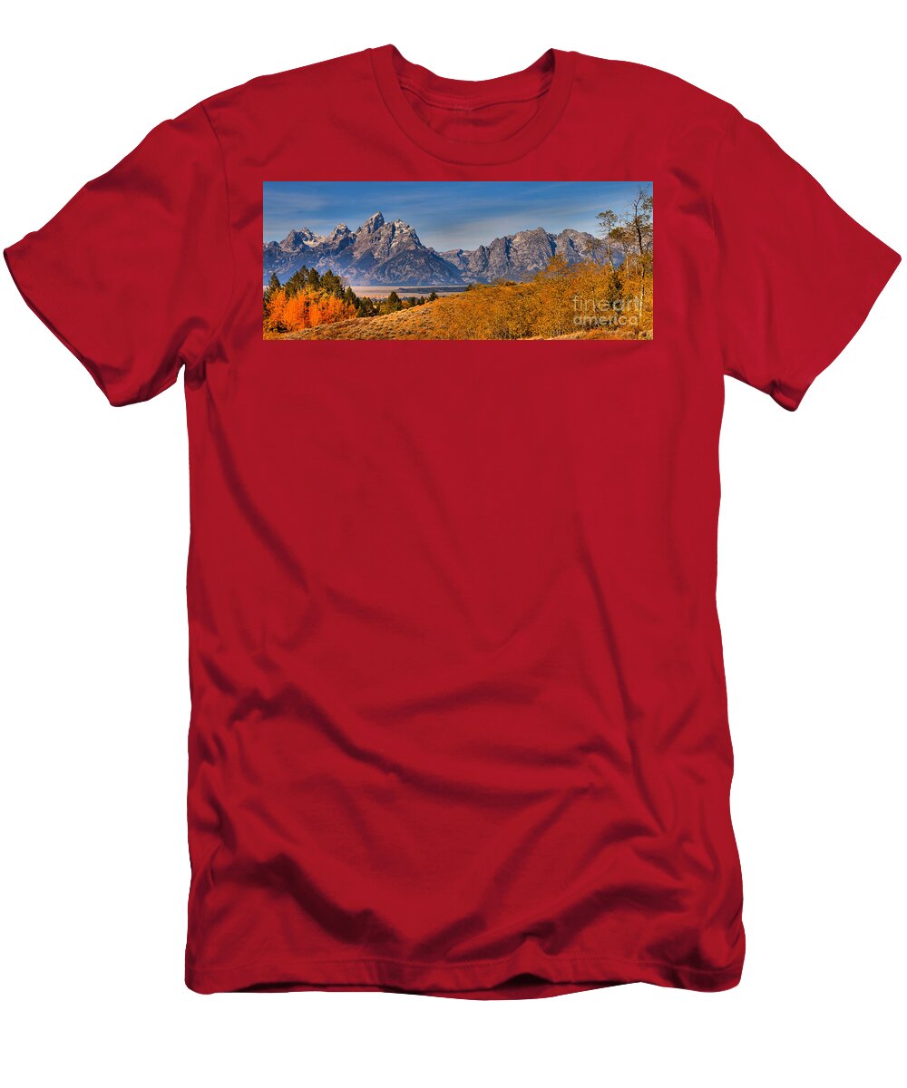 Grand Teton T-Shirt featuring the photograph Tetons Over The Golden Aspens Panorama by Adam Jewell