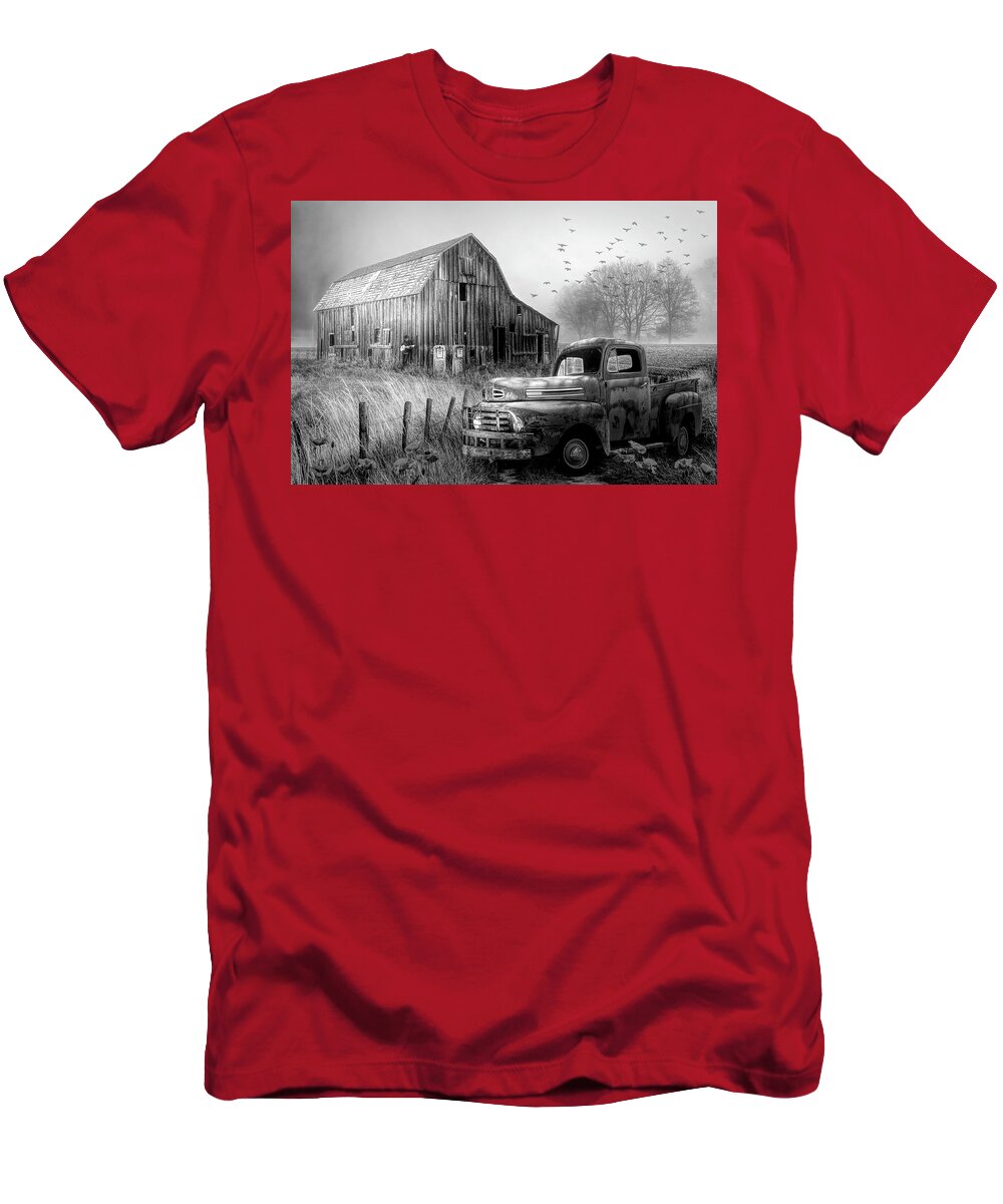 1951 T-Shirt featuring the photograph Truck in the Fog in Black and White by Debra and Dave Vanderlaan