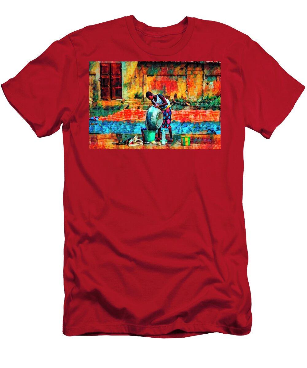 African T-Shirt featuring the photograph Wash Day African Art by Debra and Dave Vanderlaan