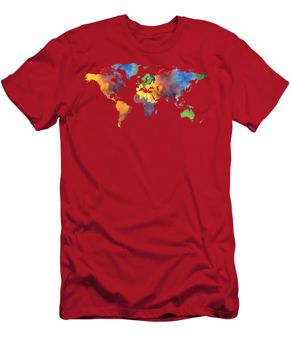 World T-Shirt featuring the painting Watercolor Silhouette World Map PNG I by Irina Sztukowski
