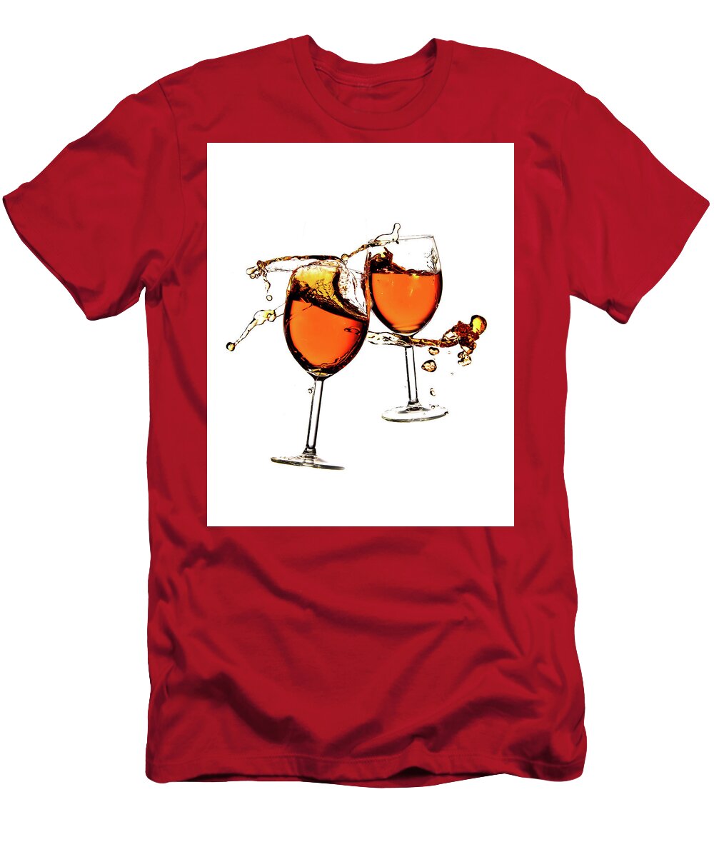 Damaged T-Shirt featuring the photograph Broken wine glasses with wine splashes on a white background by Michalakis Ppalis