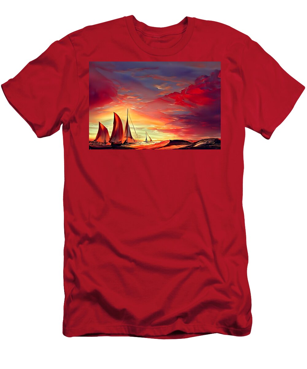 Digital T-Shirt featuring the digital art Red Sails in the Sunset #1 by Beverly Read