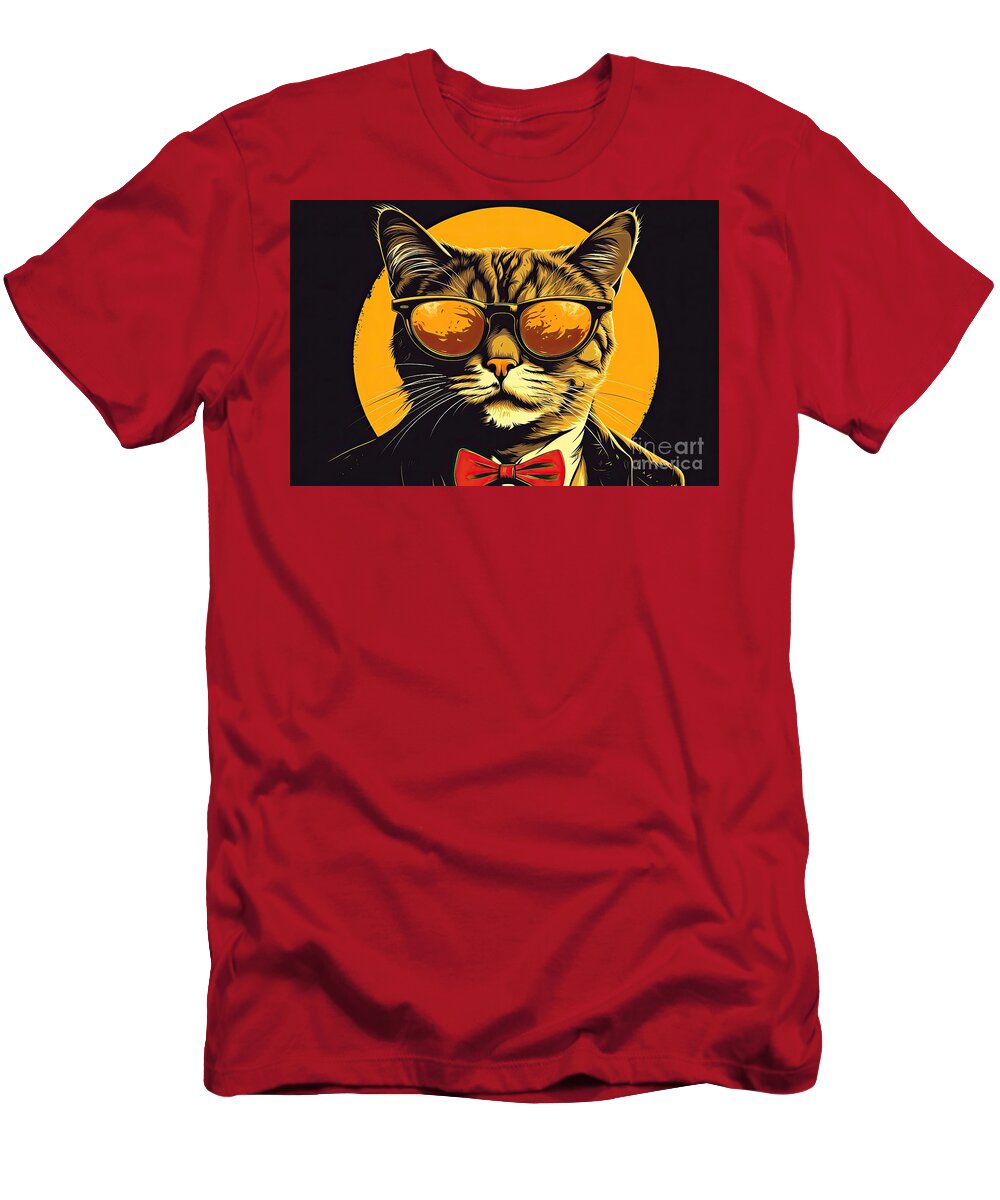 Face T-Shirt featuring the photograph Retro ginger tom cat, wearing glasses and a bow tie, against the moon. Retro style digital illustration. #1 by Jane Rix