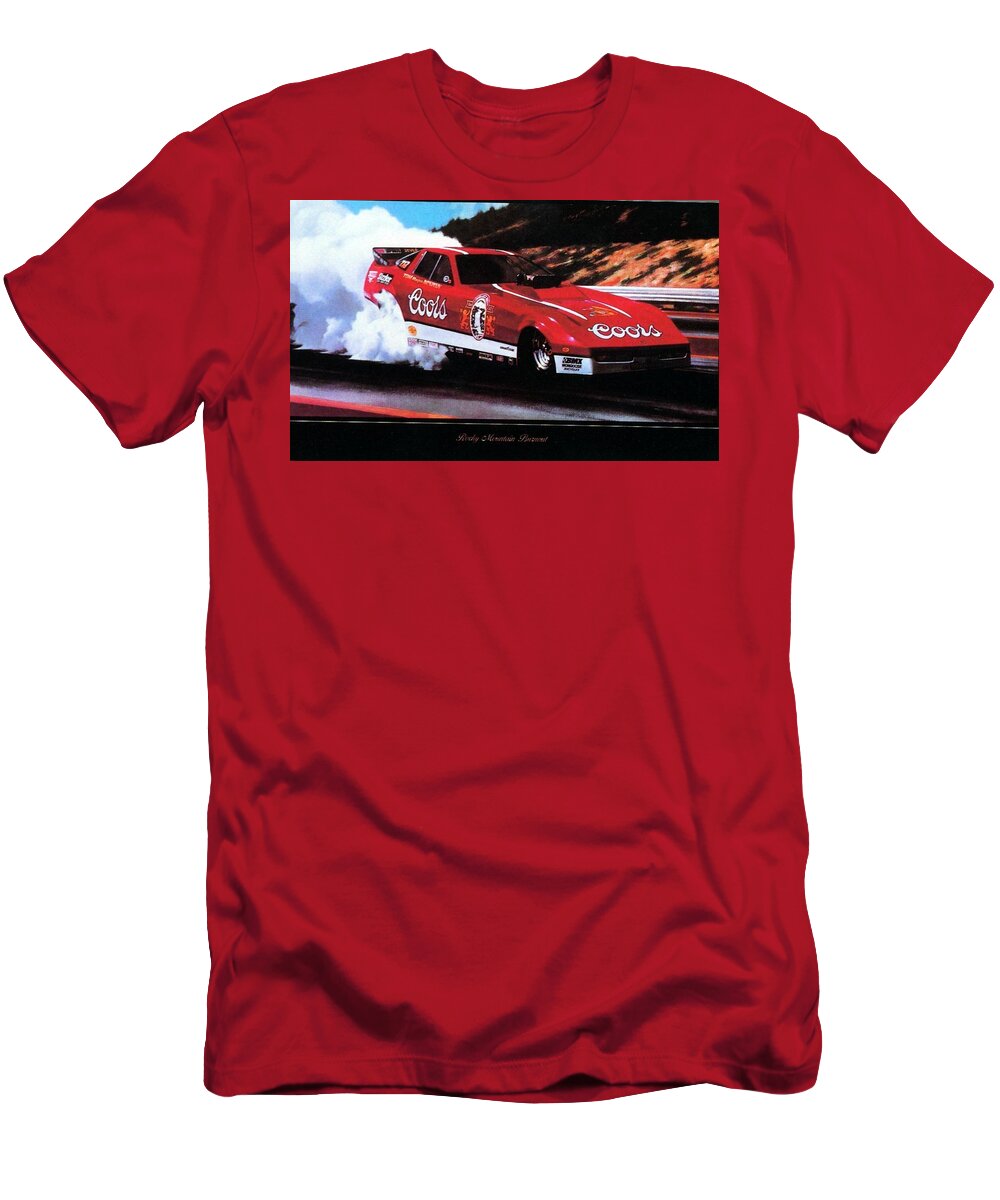 Tom Mcewen Nhra Funny Cars T-Shirt featuring the painting Rocky Mountain Burnout #1 by Kenny Youngblood