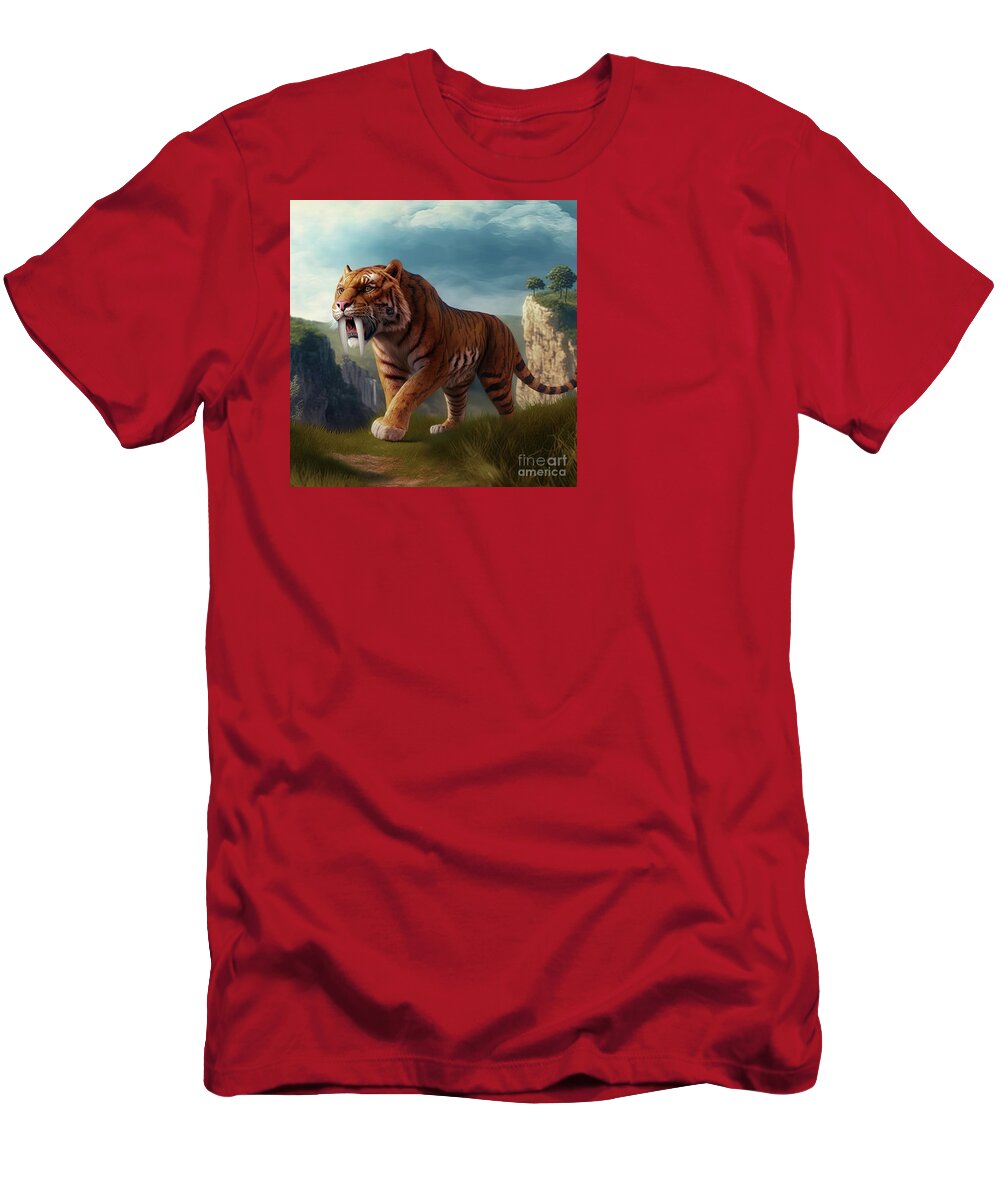 Saber Toothed Tiger T-Shirt featuring the digital art Saber toothed tiger or Smilodon #1 by Benny Marty